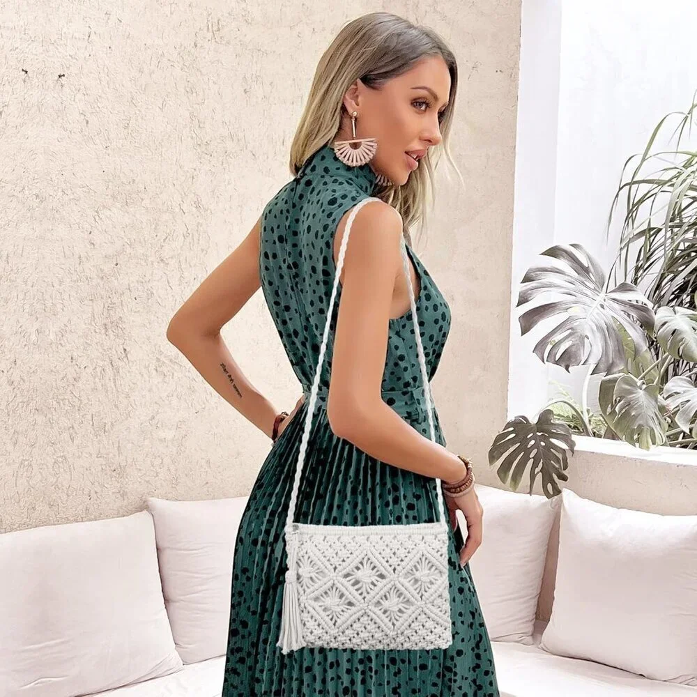 Women Crochet Beach Crossbody Bag Cotton Polyester Small Travel Purse